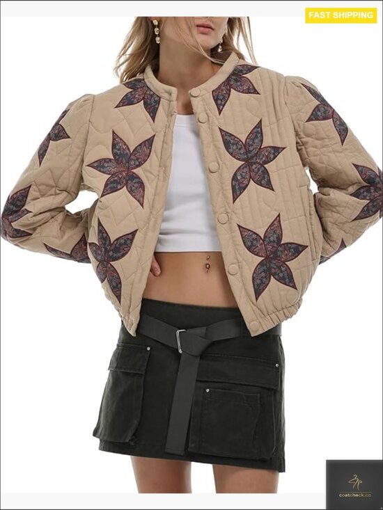 Jackets & Blazers - Women's Lightweight Floral Embroidered Cropped Quilted Puffer Jacket Button